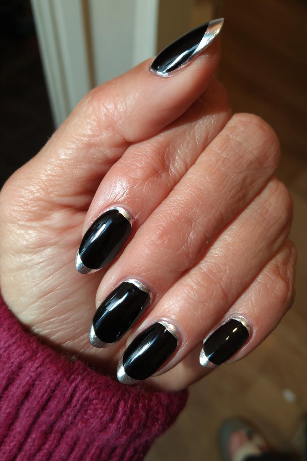 20. Nails and toes matching in Black Gloss with Silver Chrome French Edge