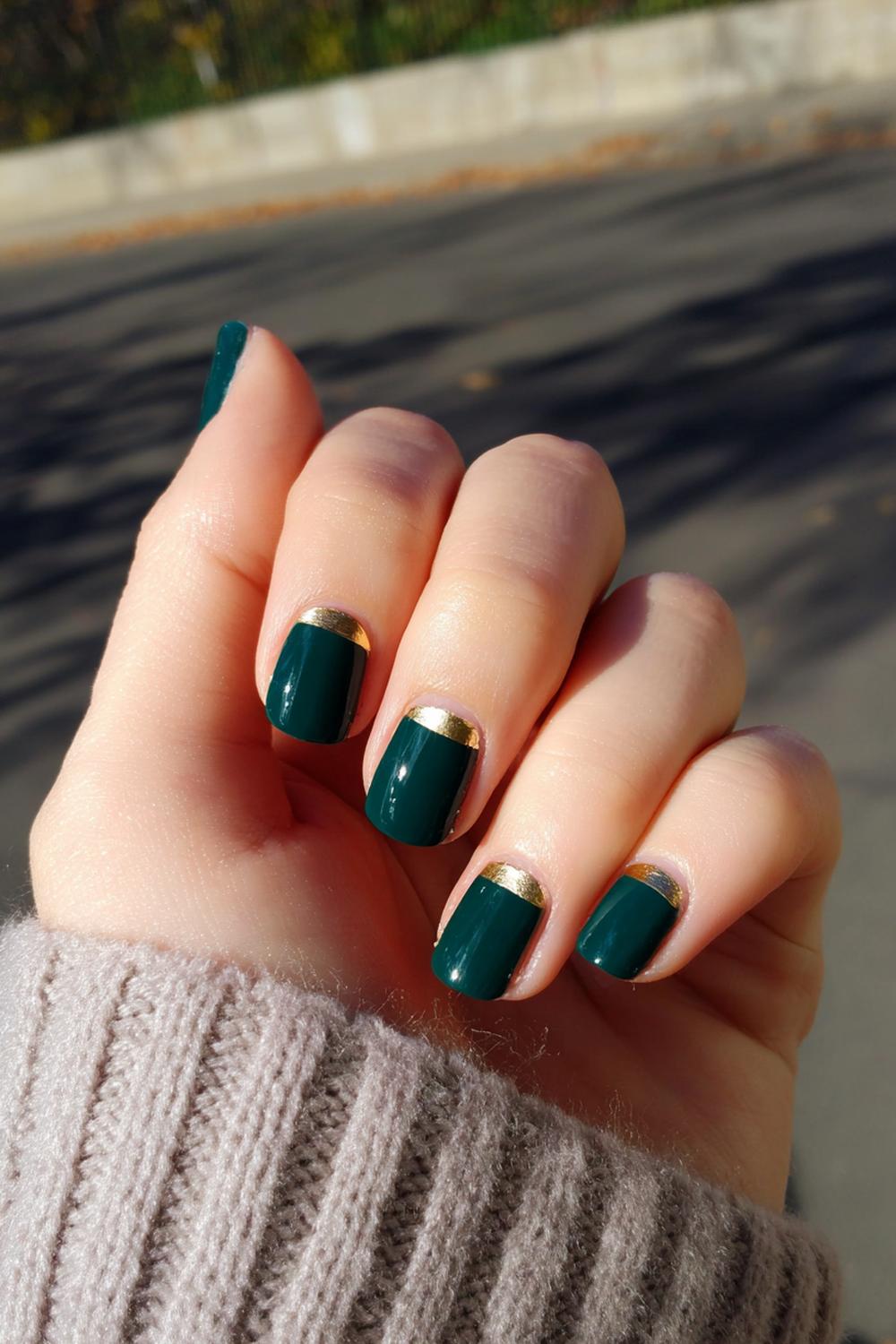22. Nails and toes matching in Emerald Green with Gold Striping Detail