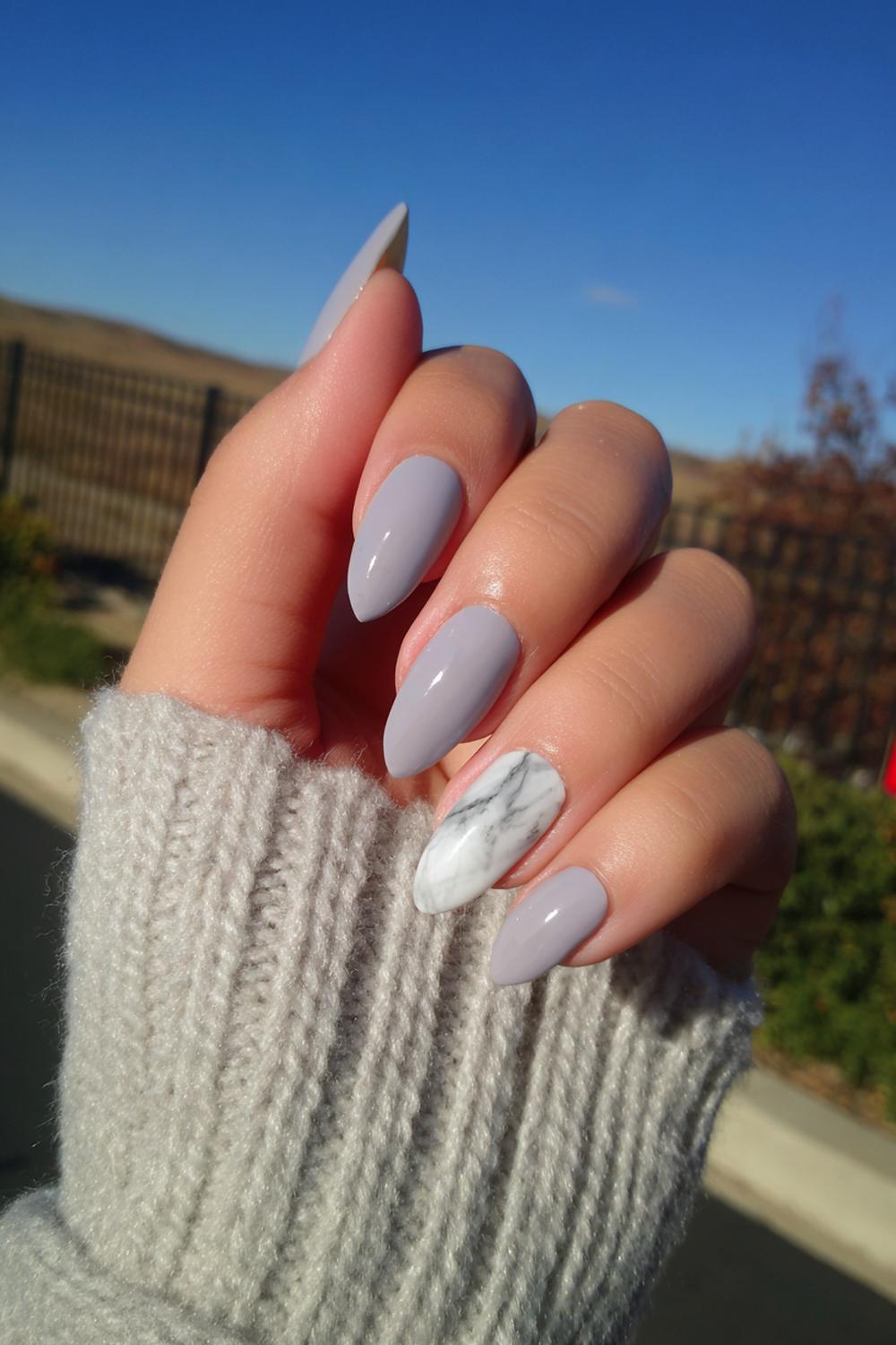 23. Nails and toes matching in Soft Gray with Marble Accent Big Toe