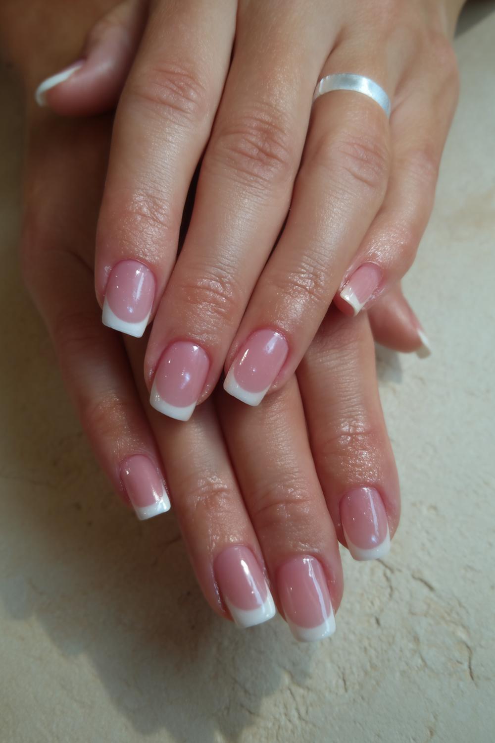 3. French On Toes with Bright White Band and Glossy Nude Hands