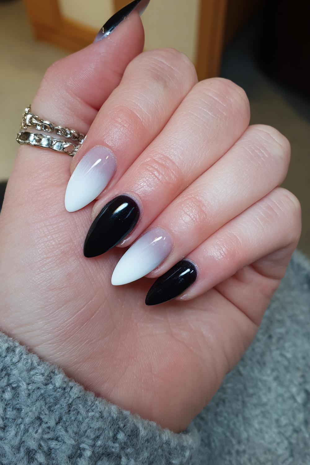 11. Black and White Nails with Soft Ombre Fade