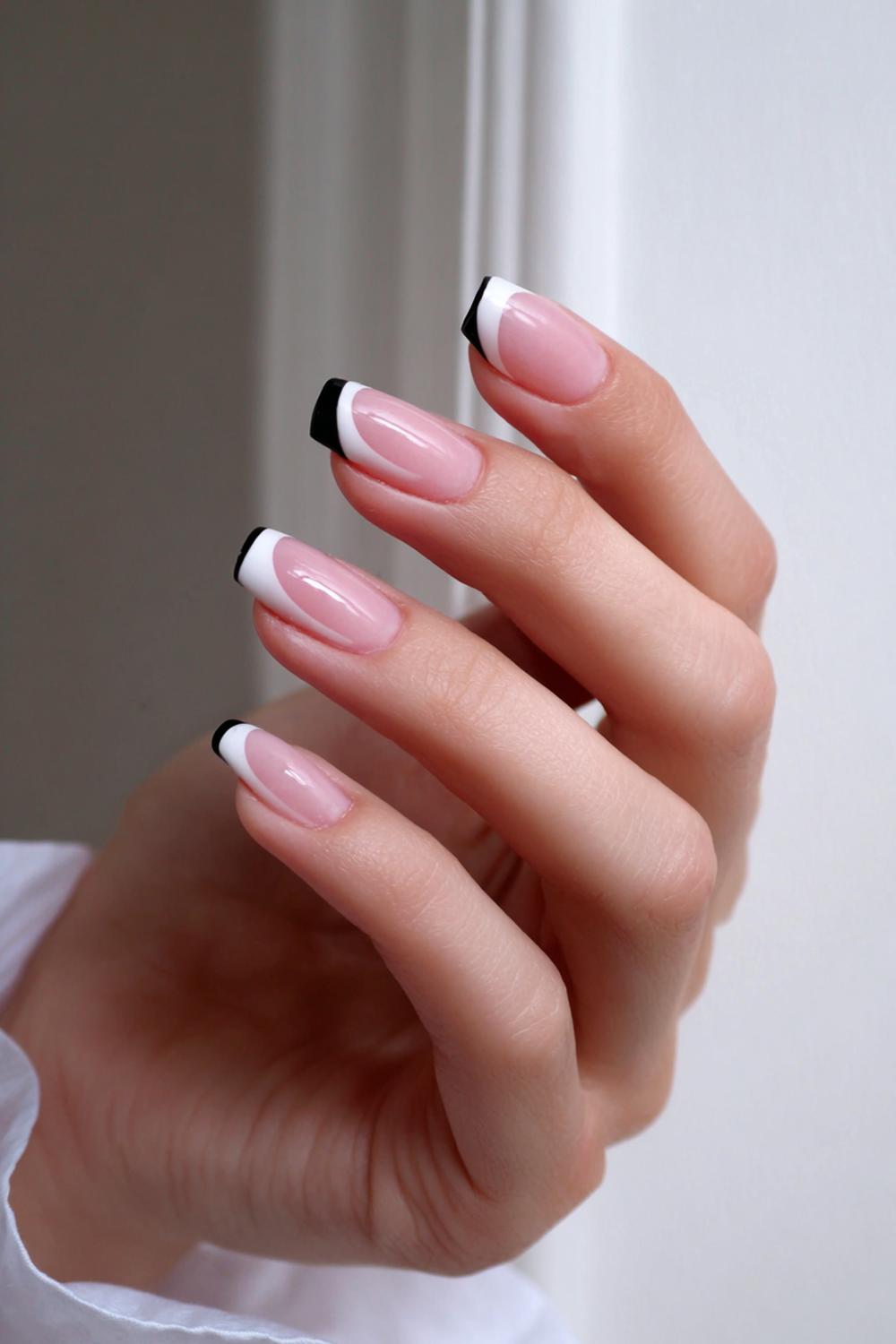 12. Black and White Nails with Minimalist Outline French Tips