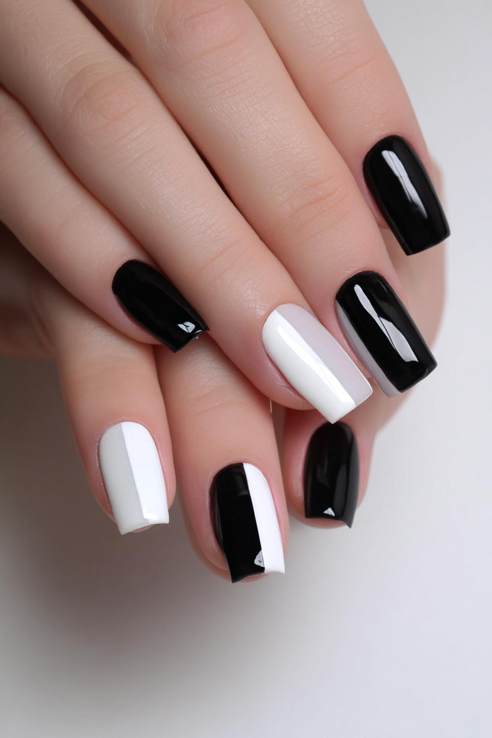 13. Black and White Nails with Split Vertical Half-and-Half