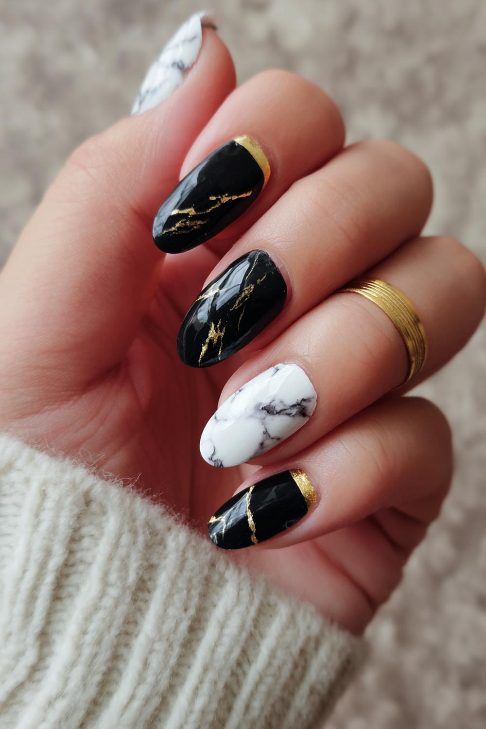17. Black and White Nails with Marble Veins and Gold-Free Minimalism