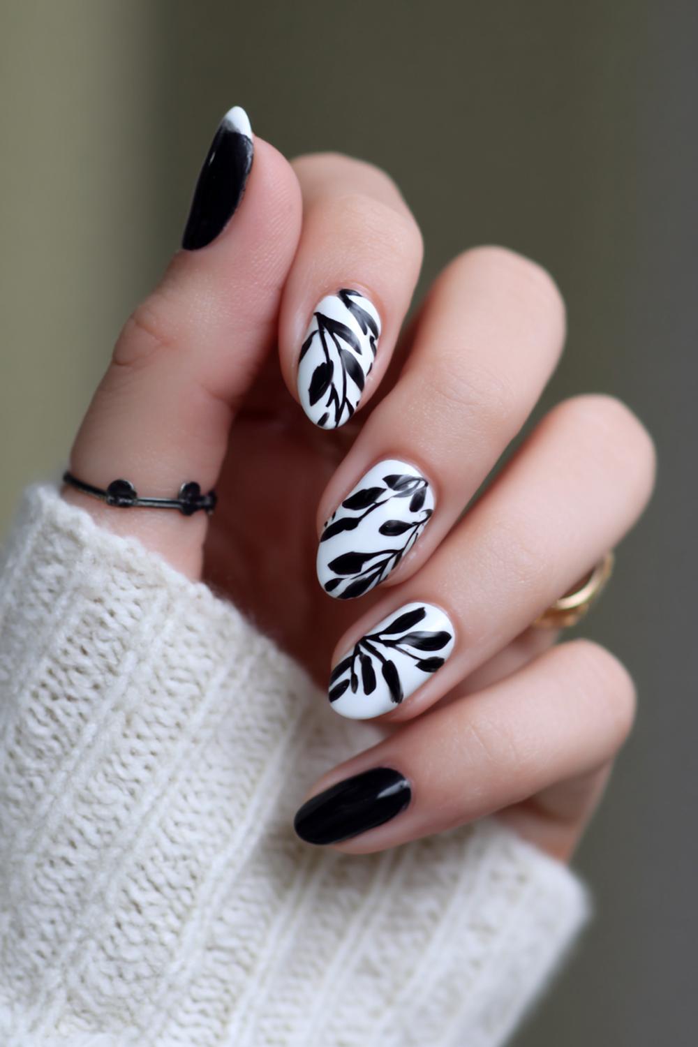 18. Black and White Nails with Sketched Botanical Lines