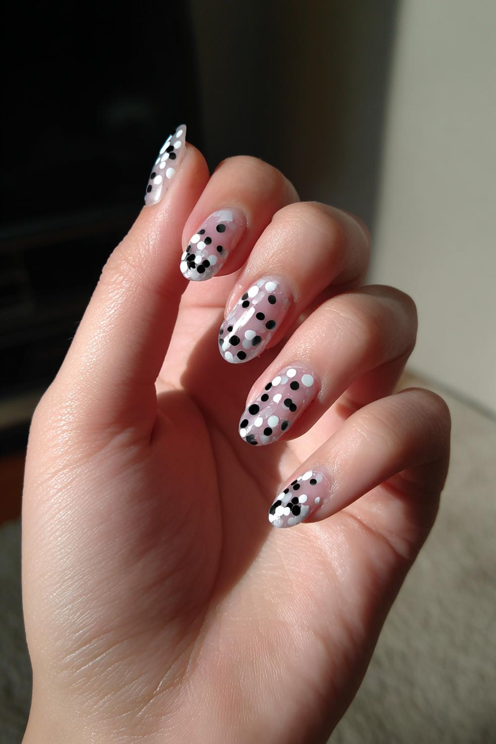 19. Black and White Nails with Confetti Dots on Sheer Base