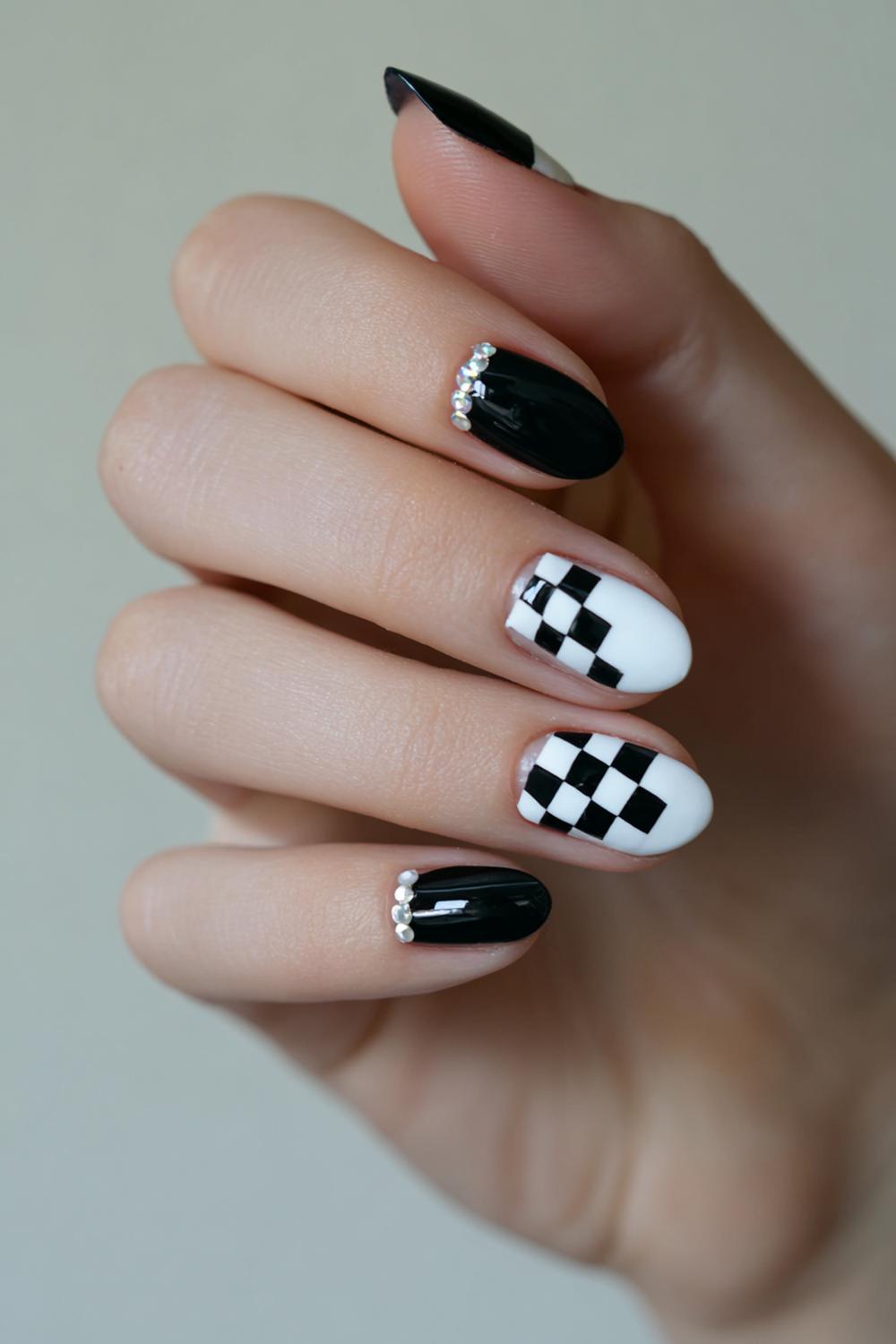 2. Black and White Nails with Micro Checkerboard Accents