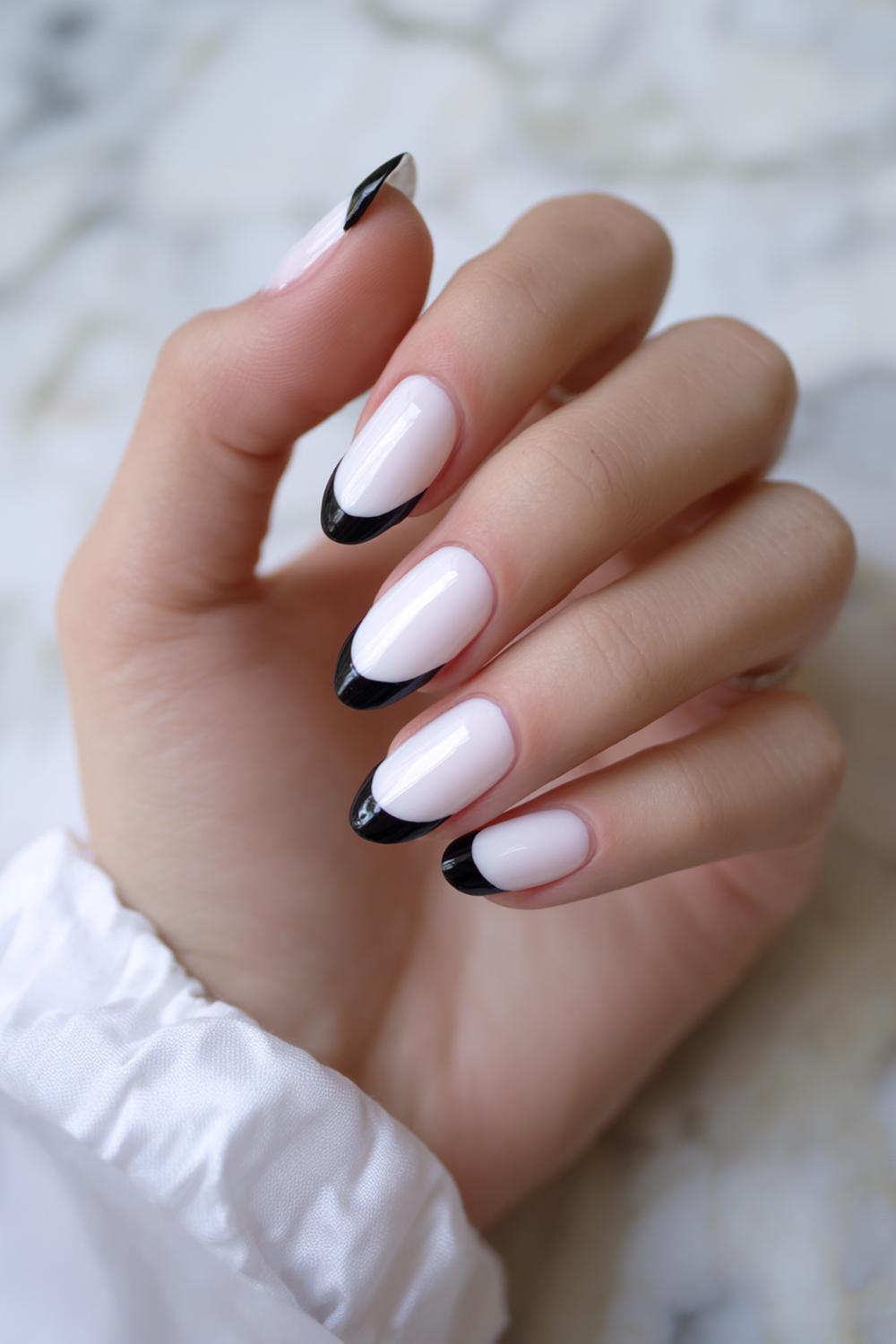 22. Black and White Nails with Soft Milky White and Black Cuticle Outline