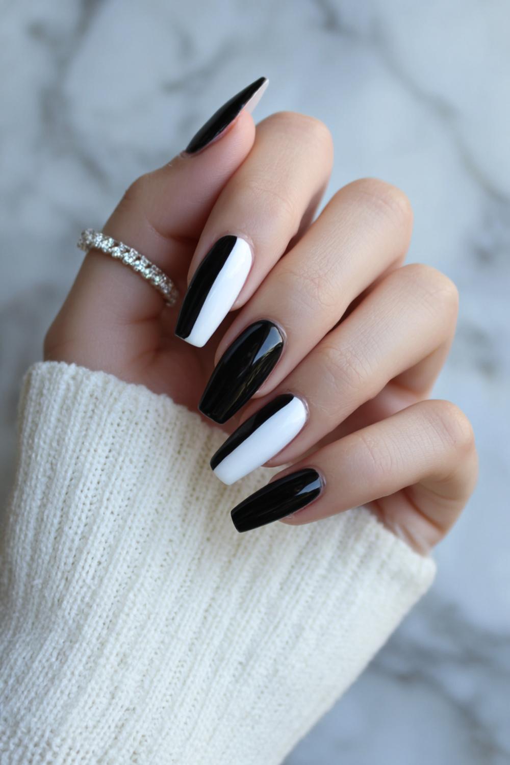 23. Black and White Nails with Pretty Acrylic Nails in Coffin Shape