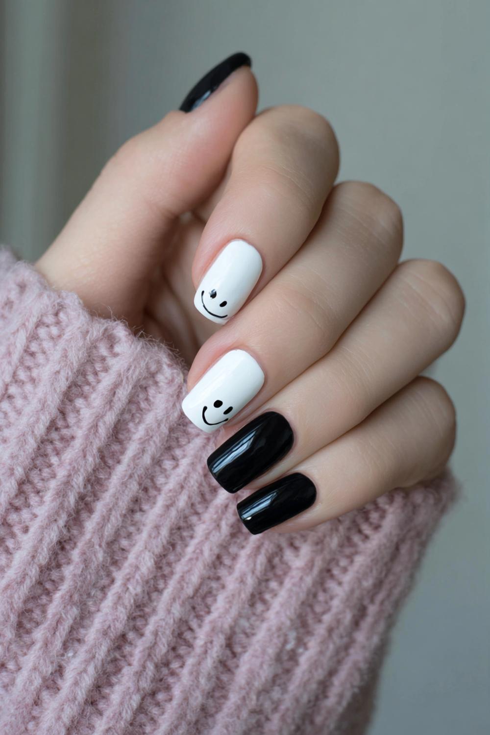 24. Black and White Nails with Minimal Smiley Faces