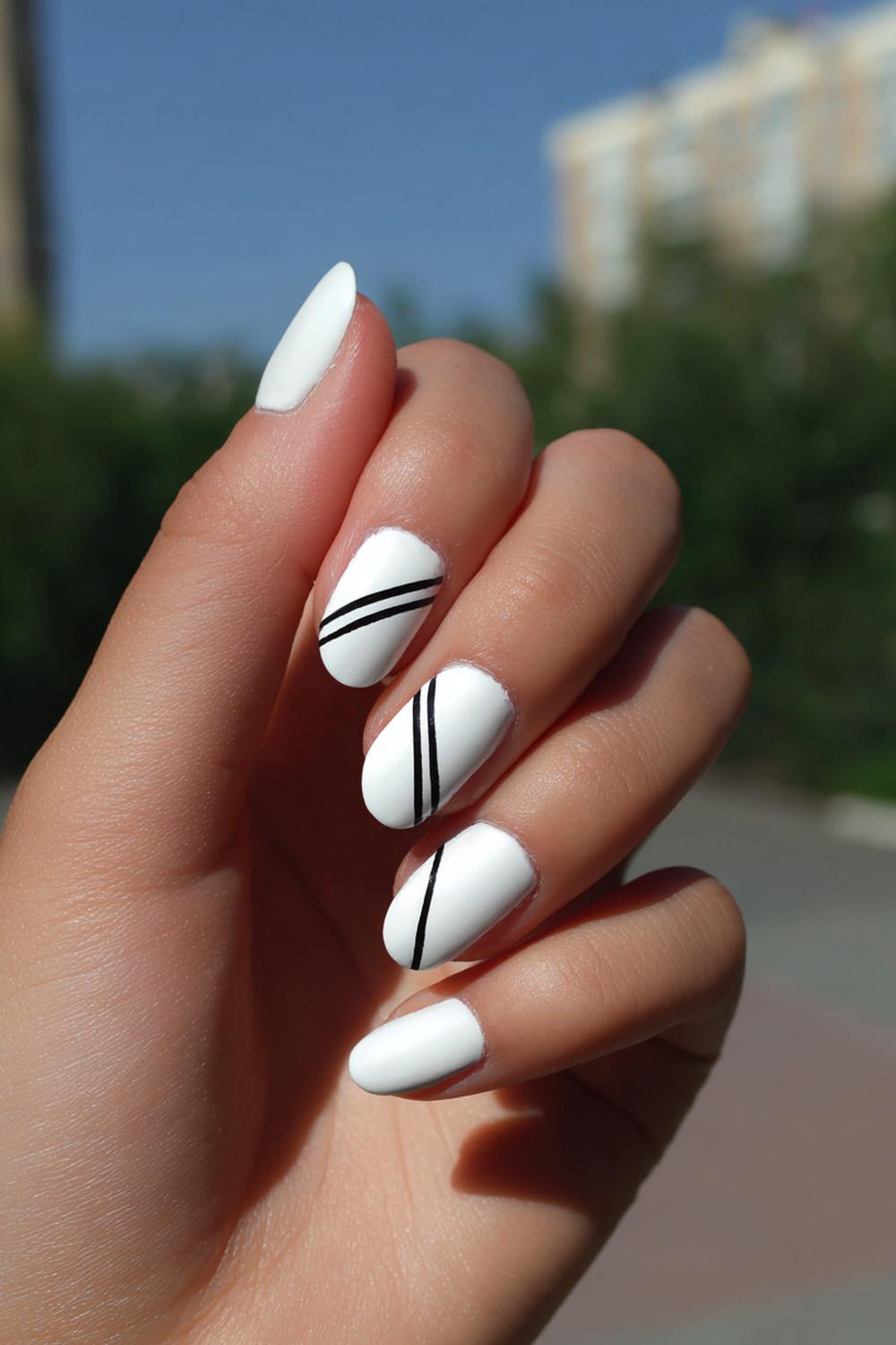 3. Black and White Nails in Matte White with Glossy Black Lines