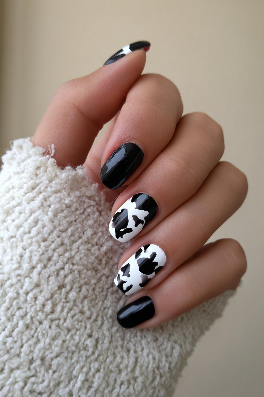 6. Black and White Nails with Abstract Ink-Blot Swirls