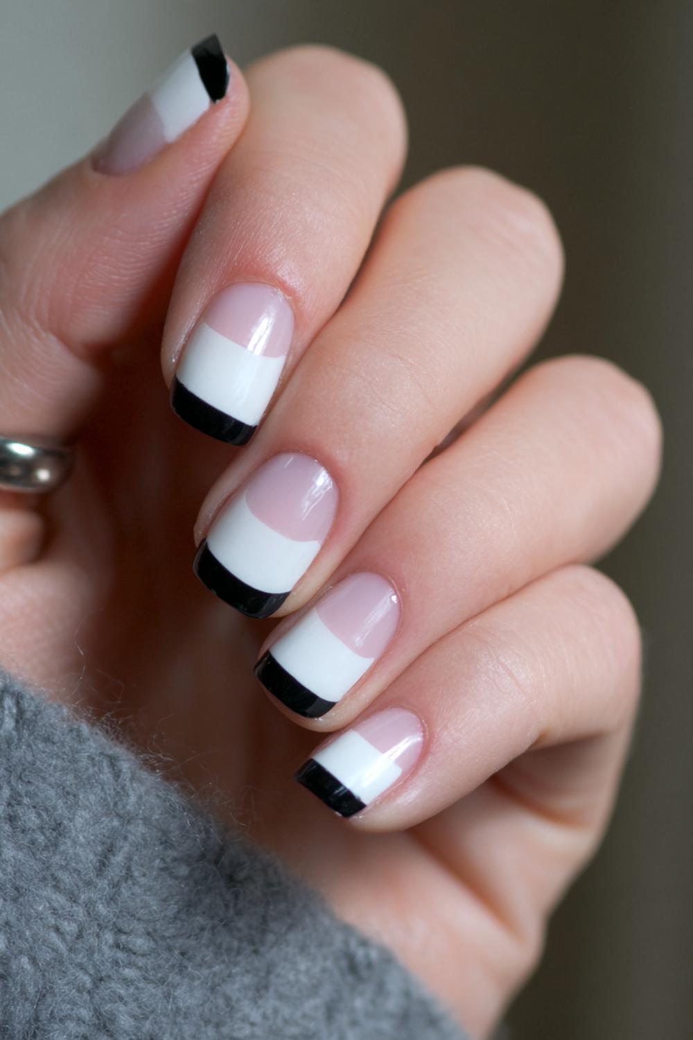 8. Black and White Nails with Graphic Color-Block Corners