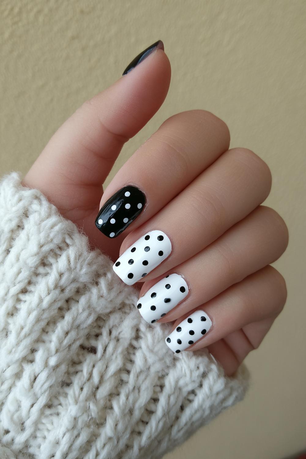 9. Black and White Nails with Polka Dots and Clean Spacing