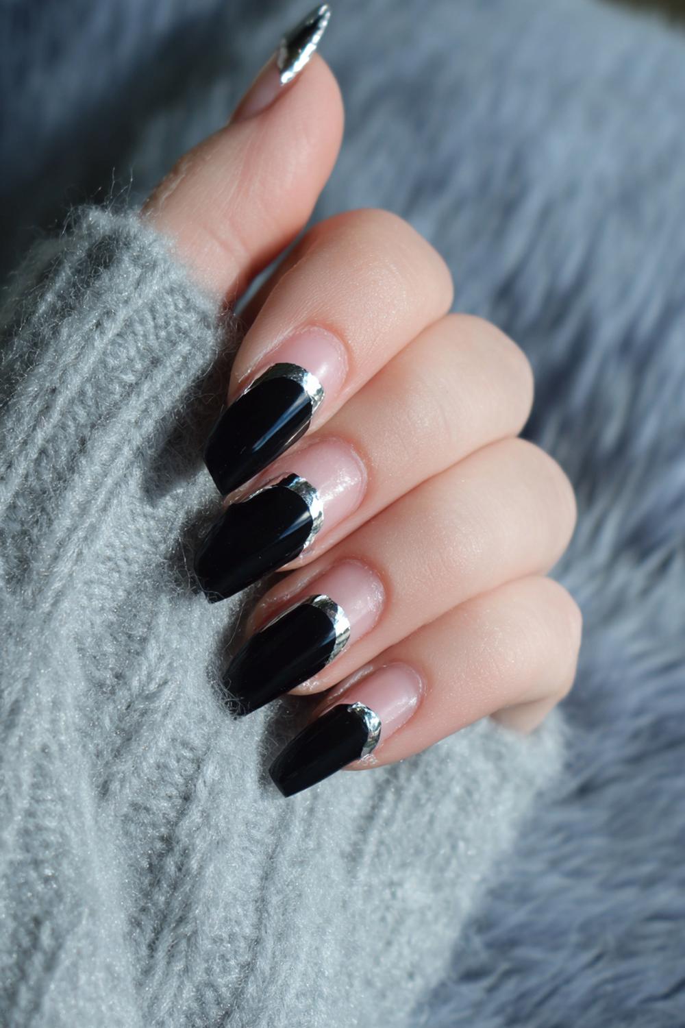 12. Nail Swag Black French Tip with Silver Chrome Outline