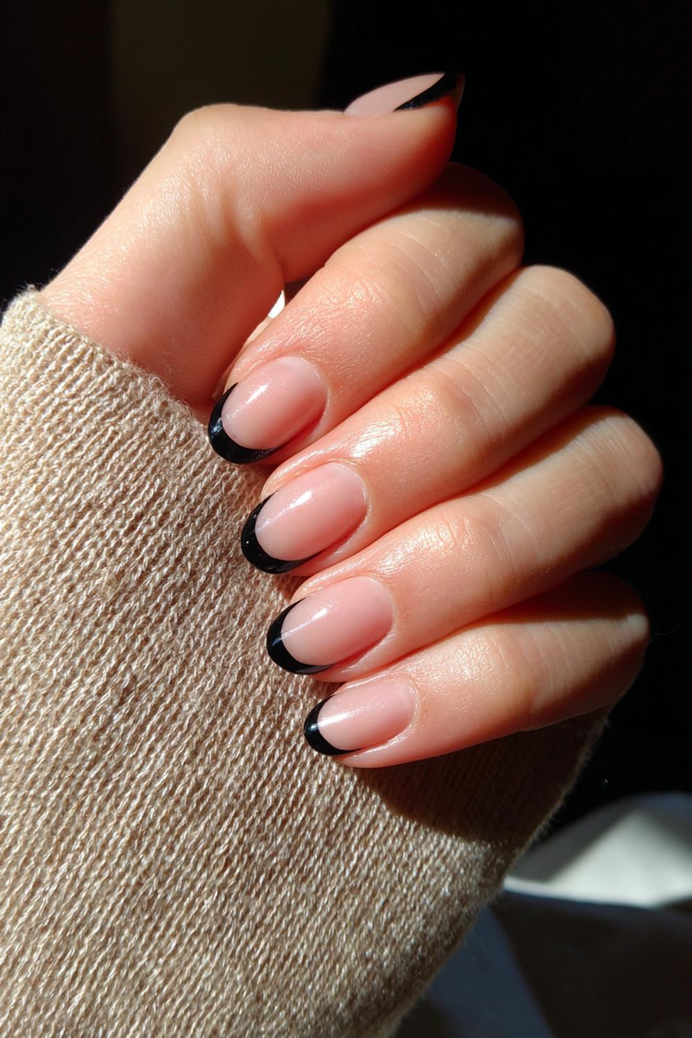 13. Basic Nails Rounded Black French Tip on Short Natural Nails