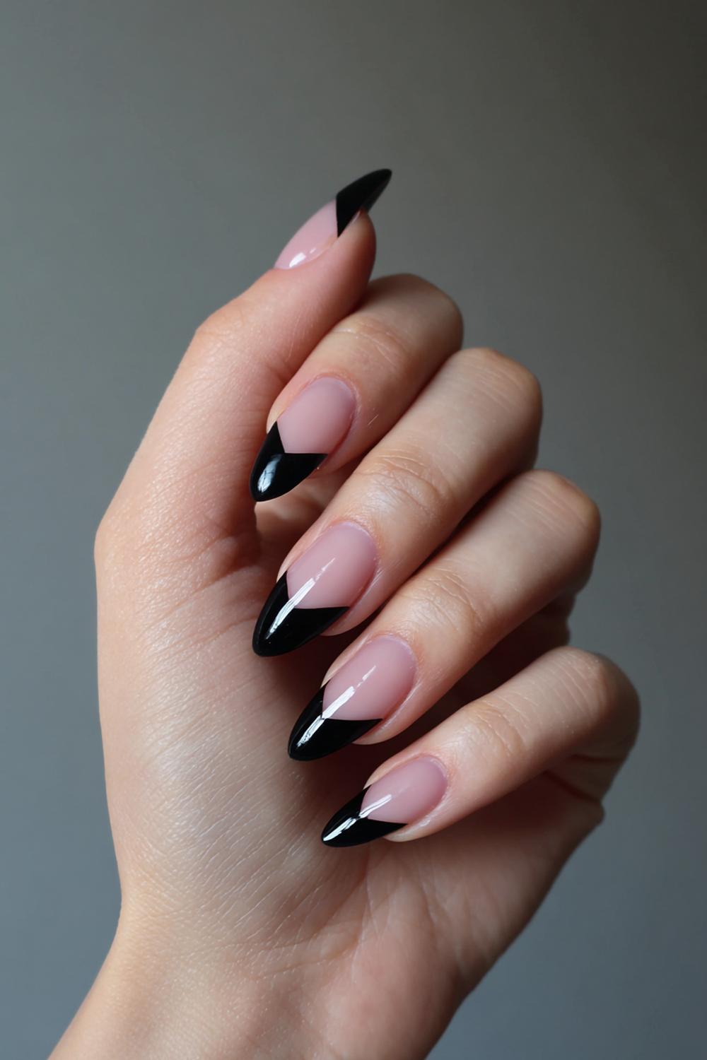 14. Black French Nails Graphic Chevron Tip with Clean Edges