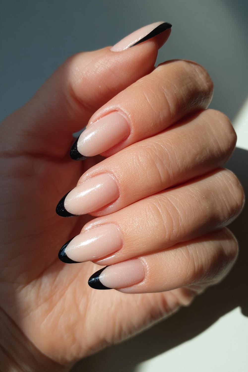 15. Black And Nude Nails Nude Ombre Base with Black French Edge