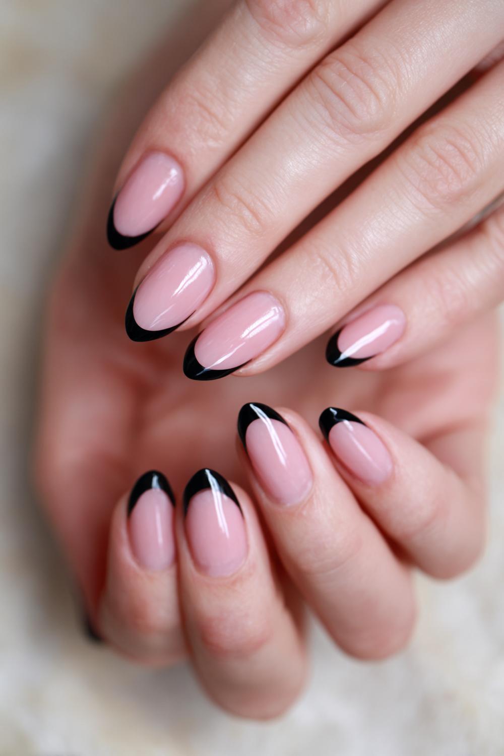 2. Black French Nails Deep Smile Line on Almond Tips