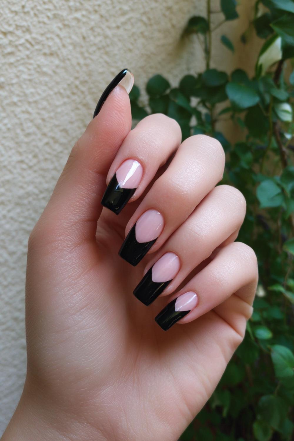20. Black French Nails Half-Moon Reverse French with Black Tip