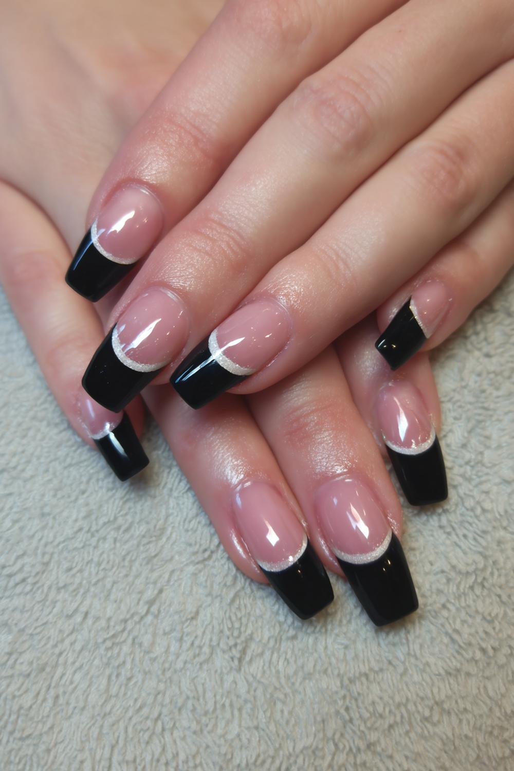 23. Black Acrylic Nails Layered French Tip with Clear Free Edge