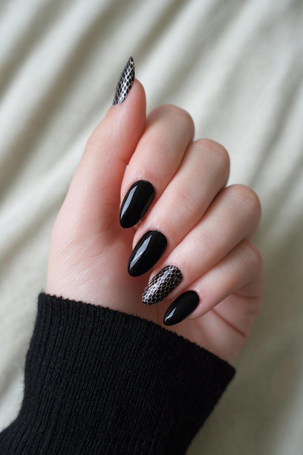 24. Nail Swag Black French Tip with Subtle Snake-Skin Texture