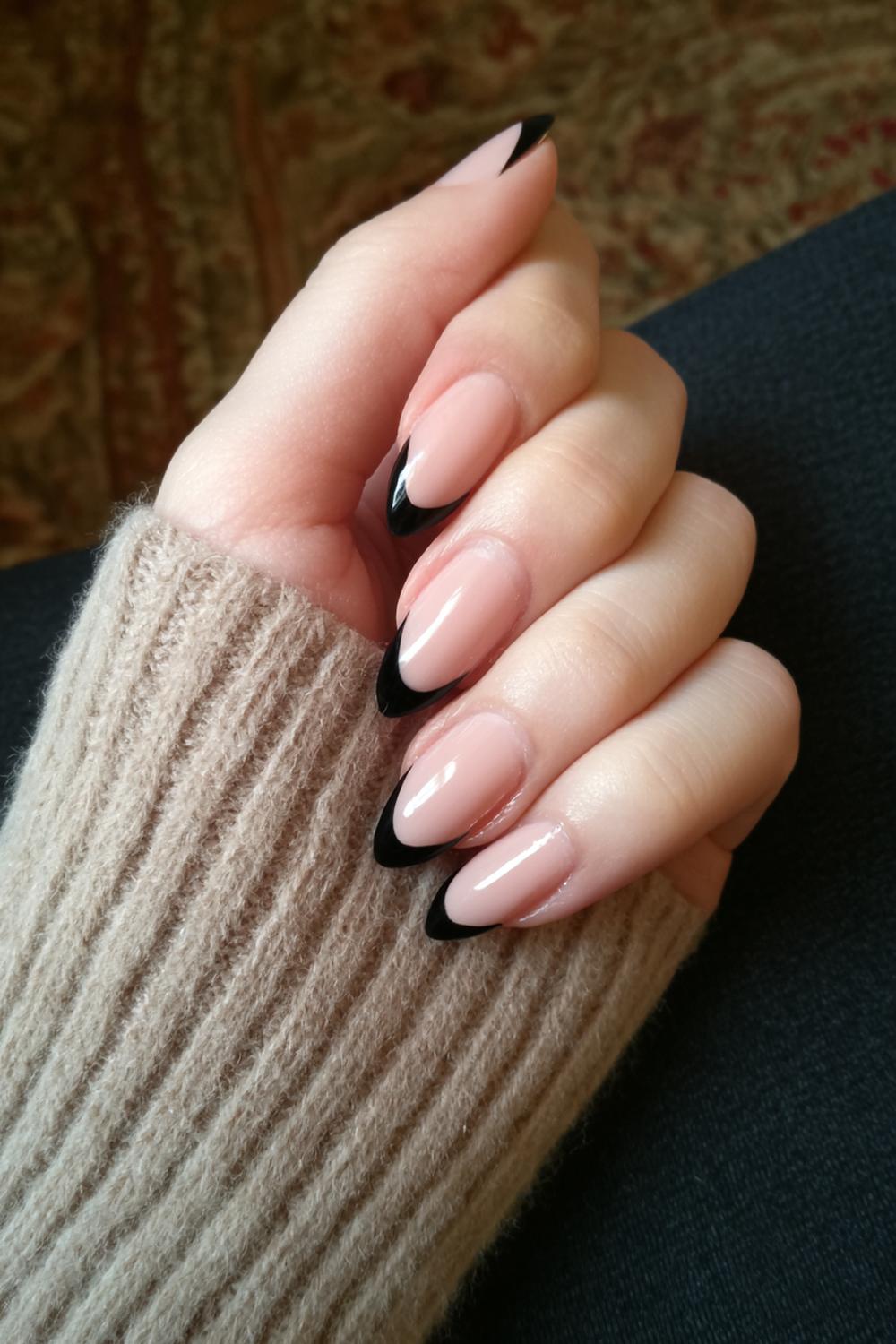 27. Black And Nude Nails Caramel Nude Base with Espresso Black Tips