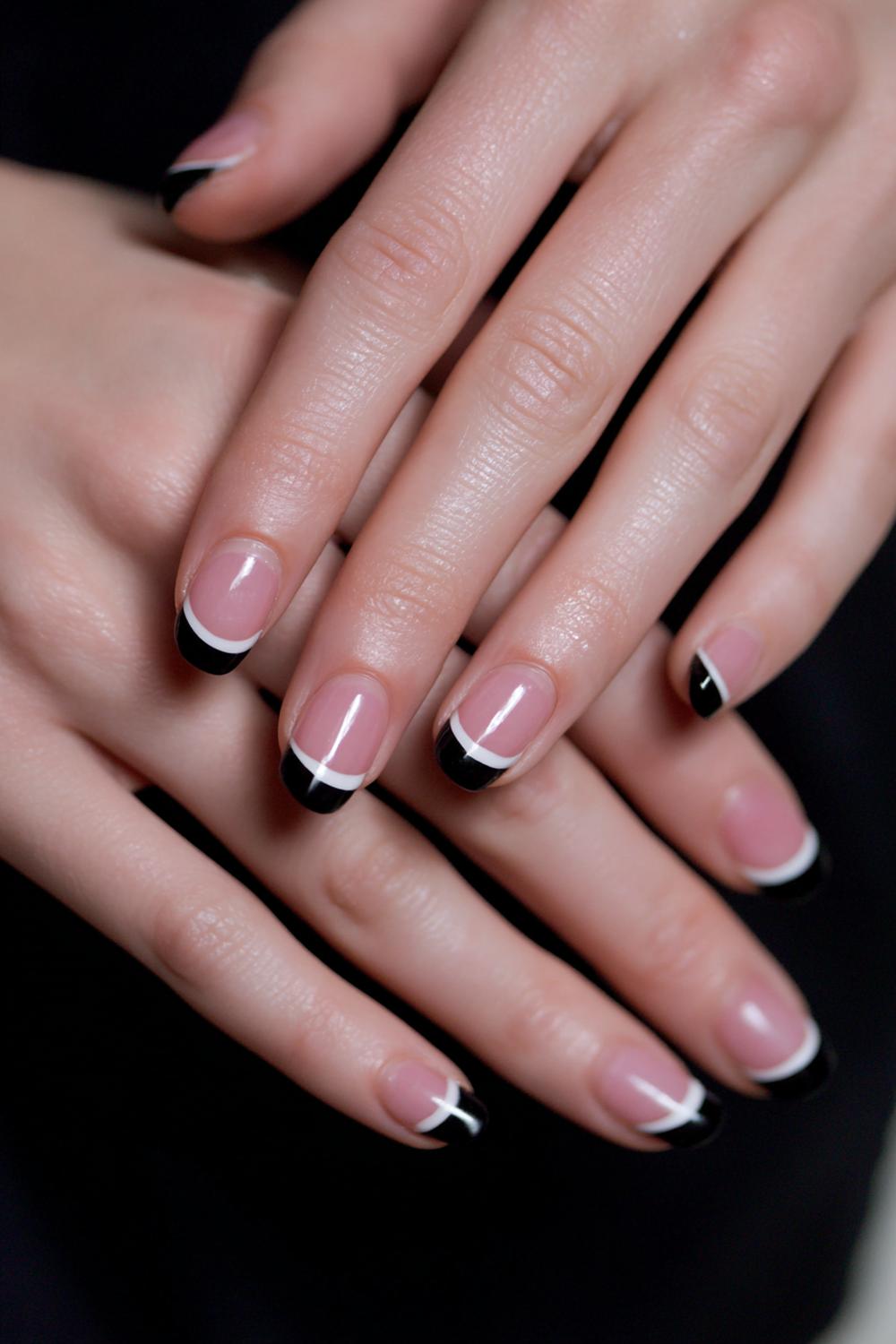 28. Casual Nails Minimal Black French Tip with Thin White Highlight