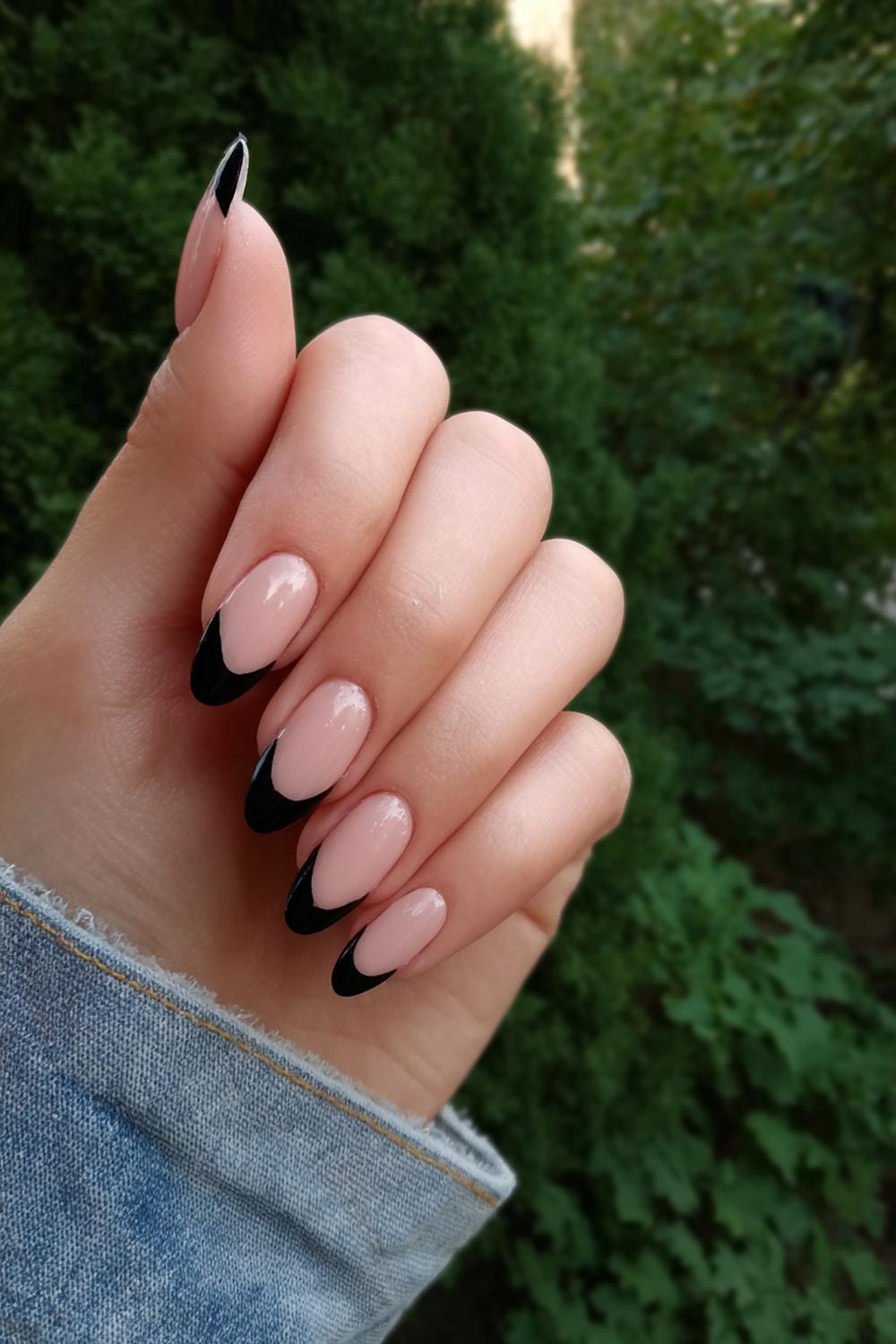3. Black And Nude Nails Matte Base with Glossy Black Tip