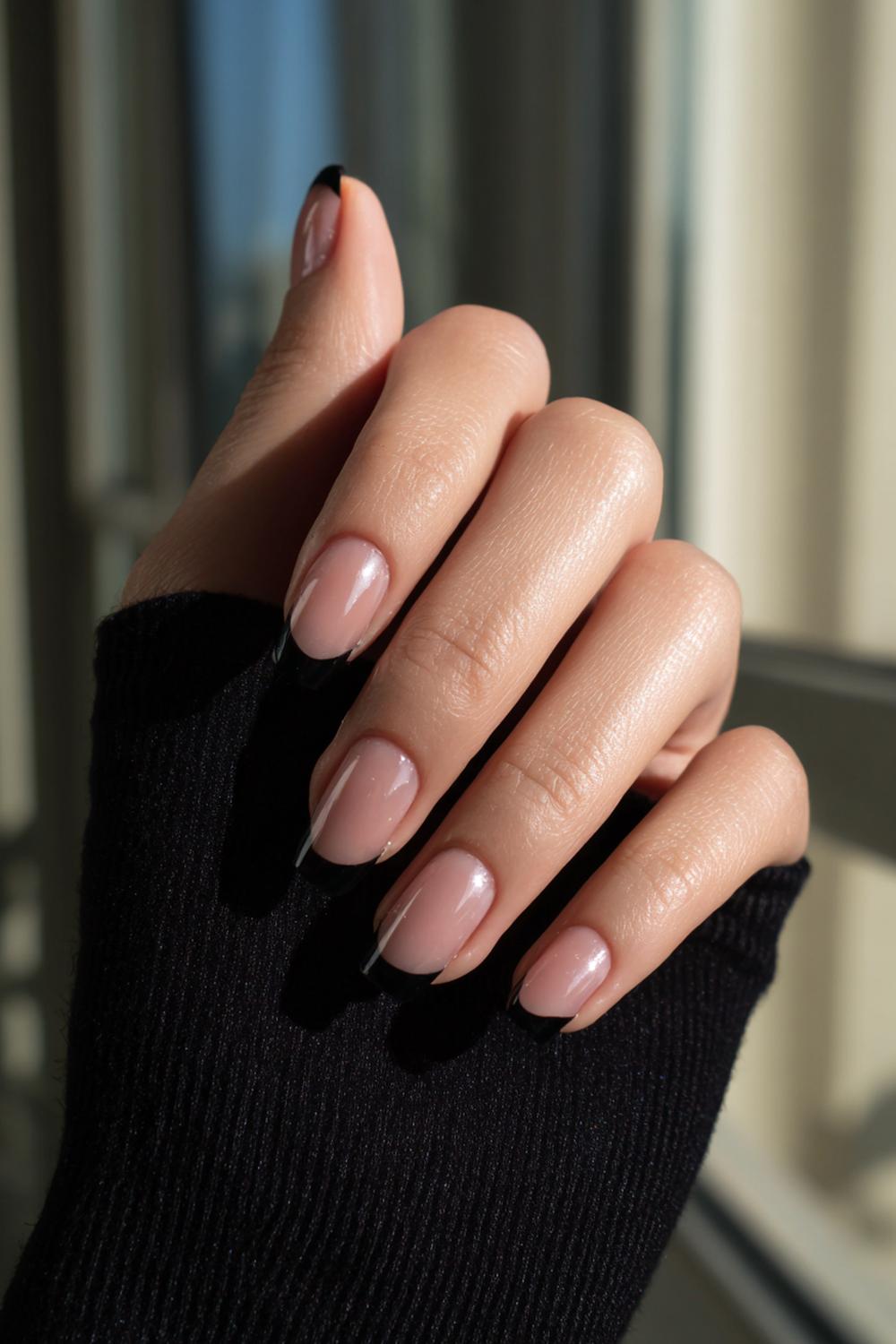 30. Black French Nails Glossy Tip with Satin Nude Base Contrast