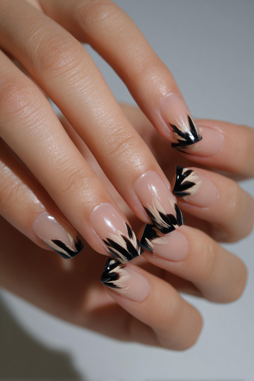31. Black And Nude Nails French Tip with Abstract Nude Brushstroke