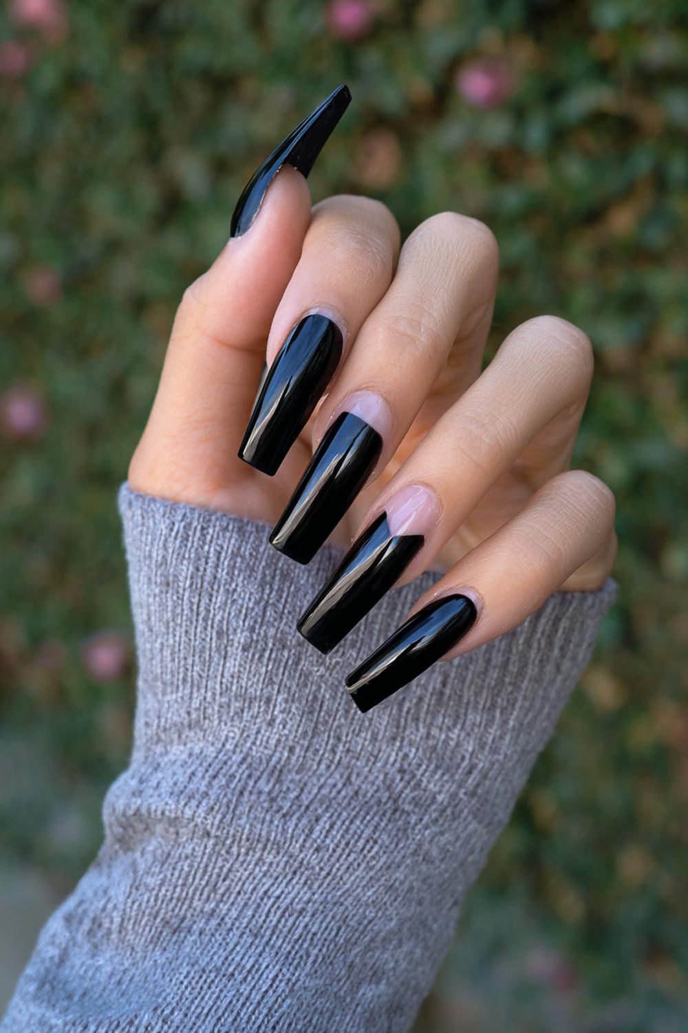 5. Black Acrylic Nails Long Coffin with Jet-Black Tips
