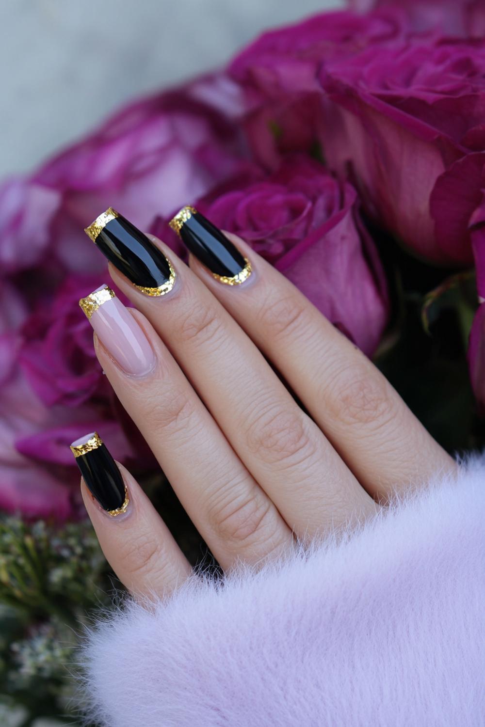 6. Nail Swag Black French Tip with Gold Foil Corner Flick