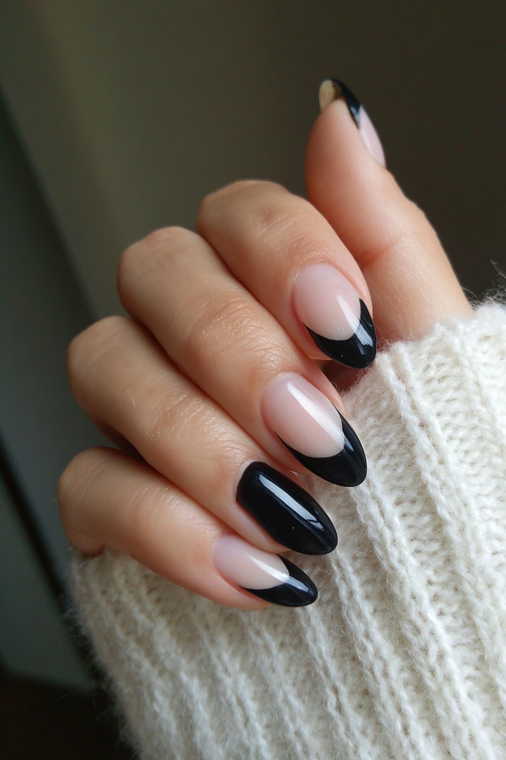 7. Basic Nails Side-Swept Black French Tip on Oval Nails