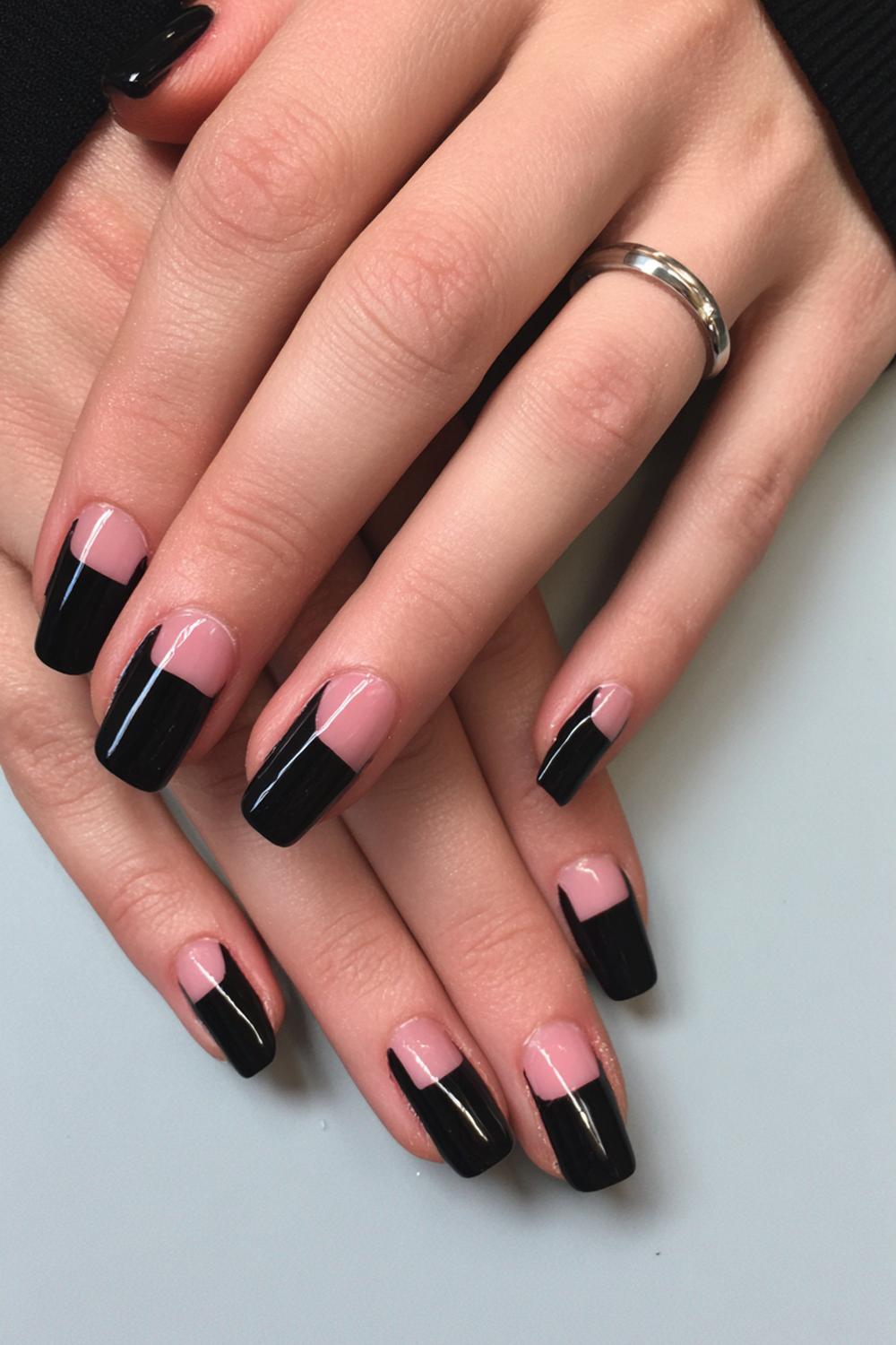 8. Black French Nails Double-Line Tip with Negative Space