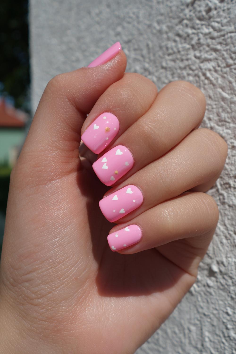 1. Pink nails for kids with glossy bubblegum finish and tiny hearts