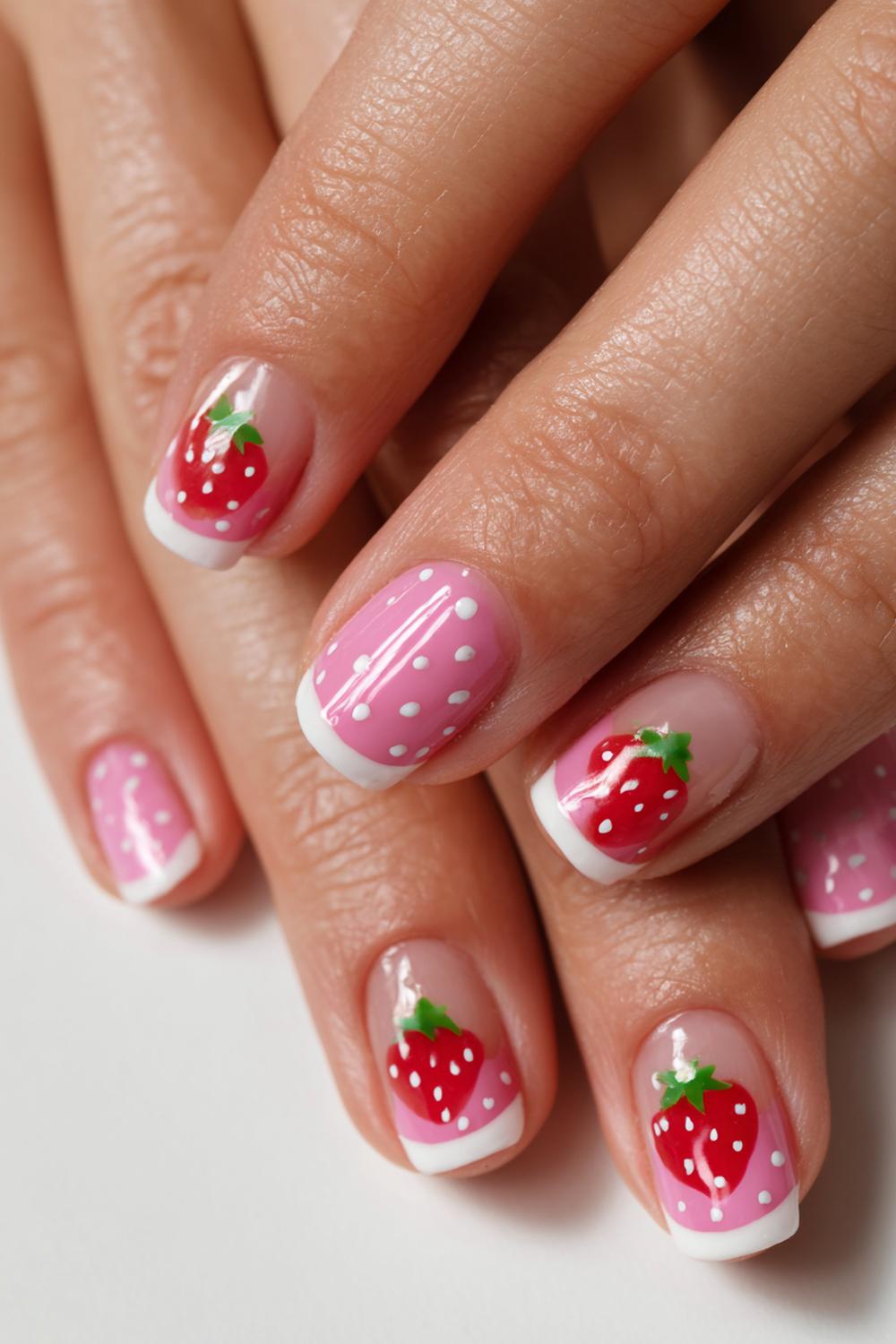 11. Strawberry Shortcake nails short with berry tips and whipped-cream dots