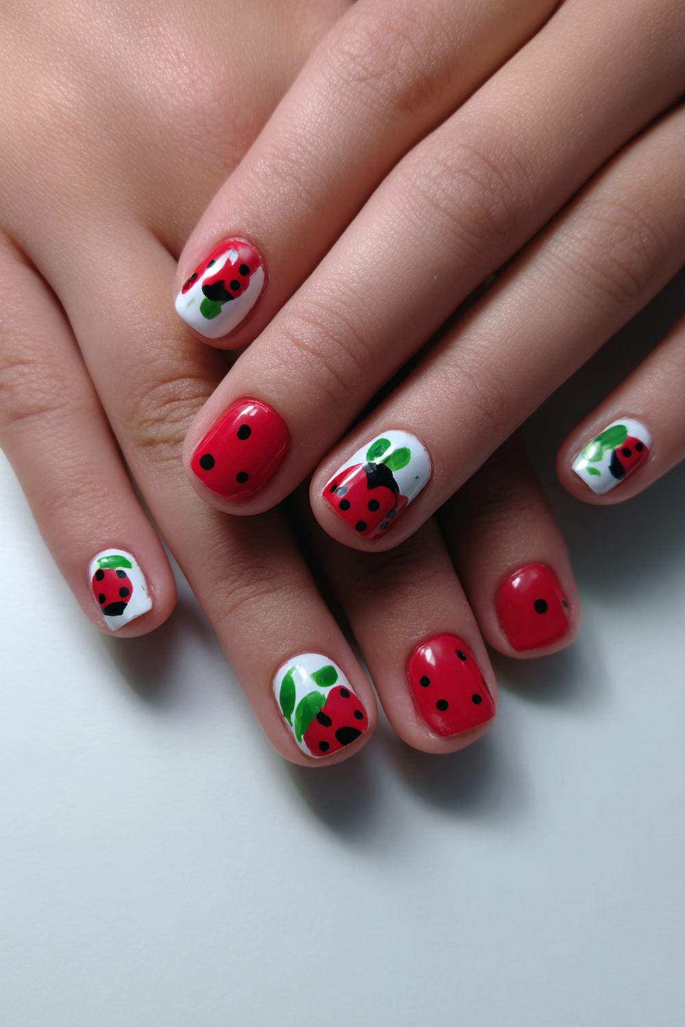 12. Nails for kids with ladybug spots and leafy green accent