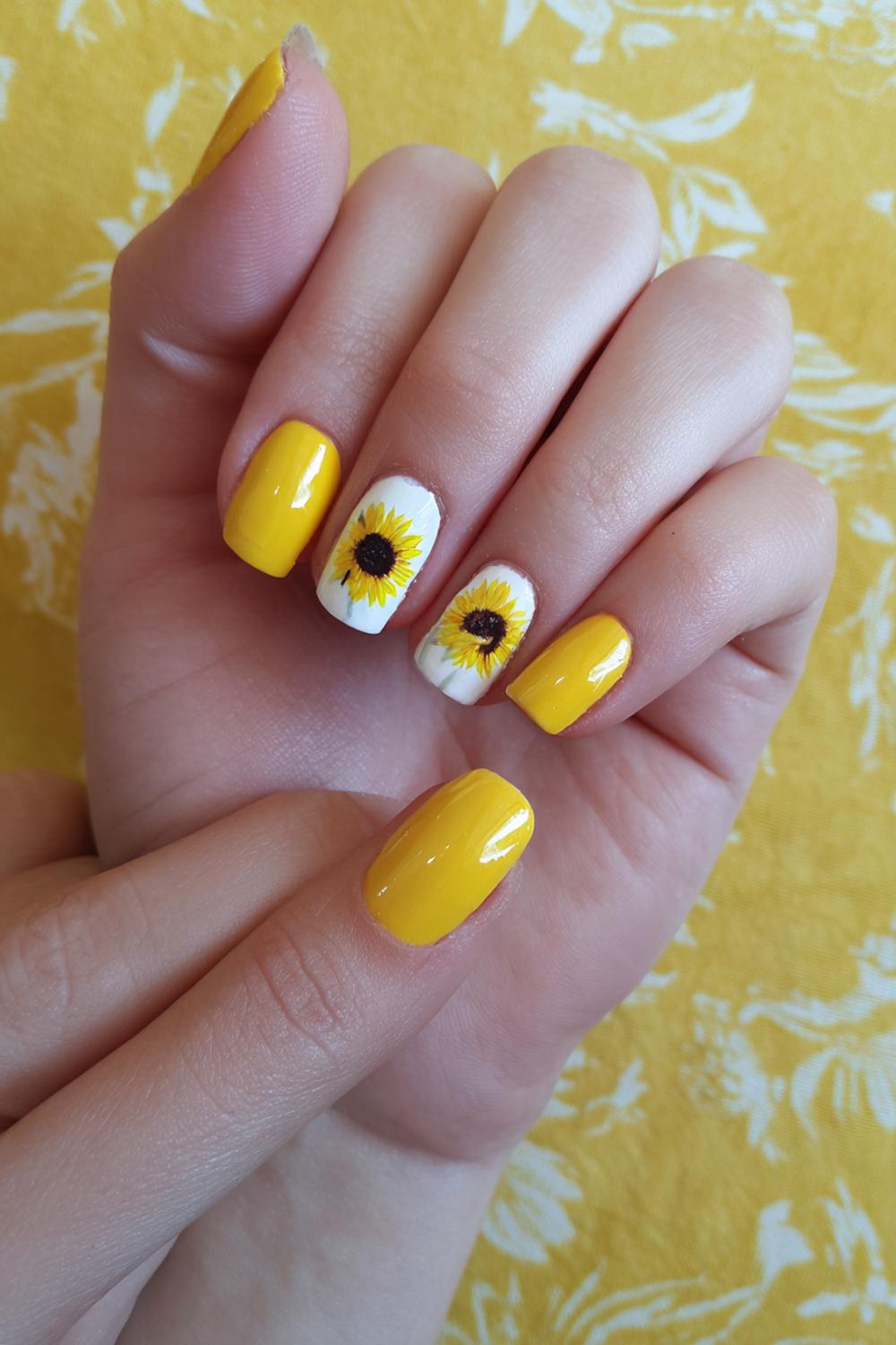 14. Nails for kids with sunflower faces and warm yellow background