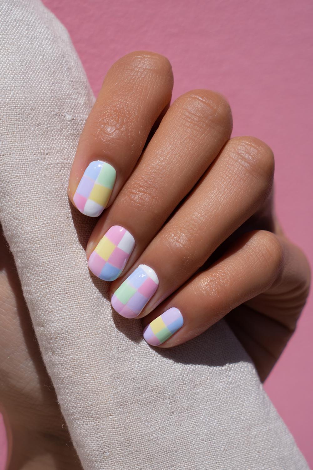 15. Nails for kids with pastel checkerboard and glossy topcoat
