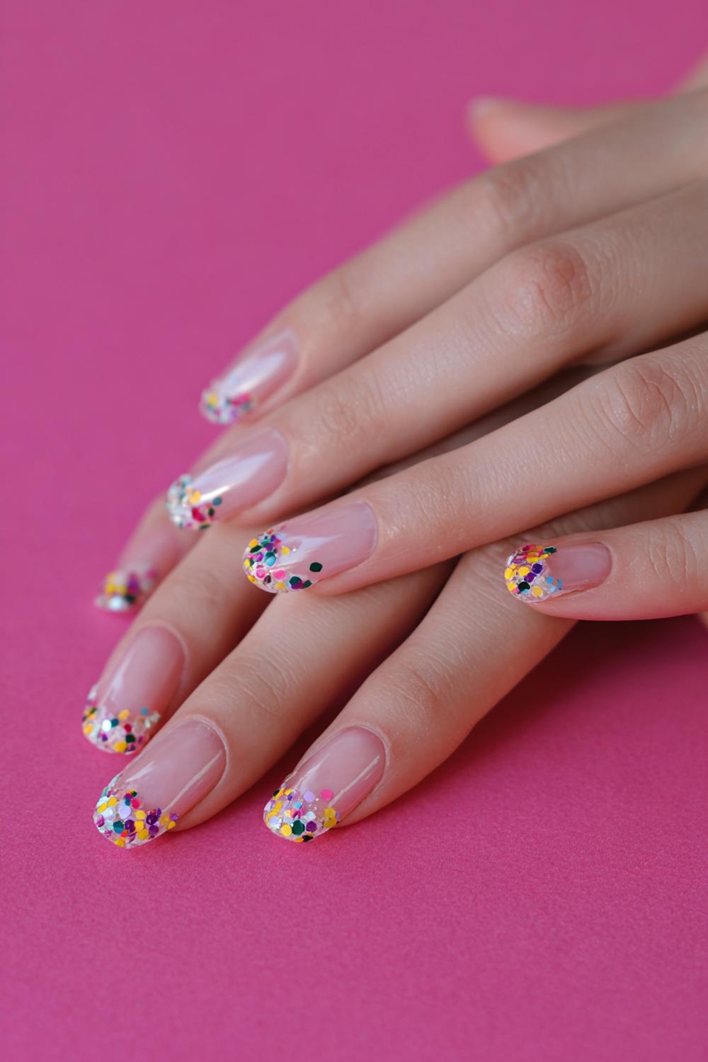 16. Nails for kids with glittery confetti tips and clear base