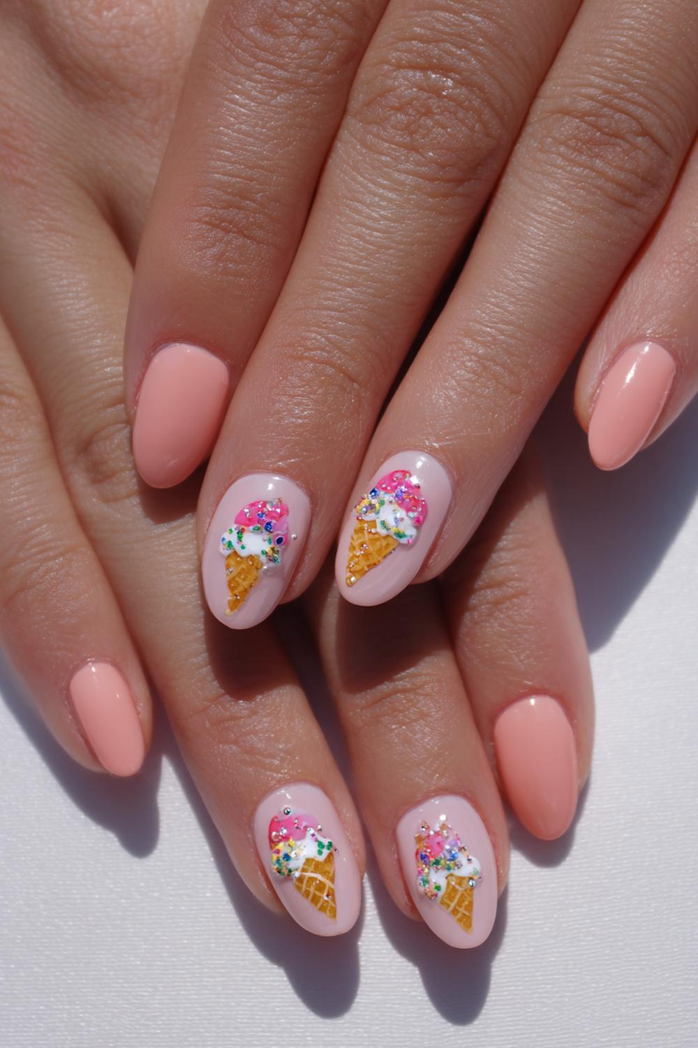 19. Nails for kids with peach base and tiny ice cream cones