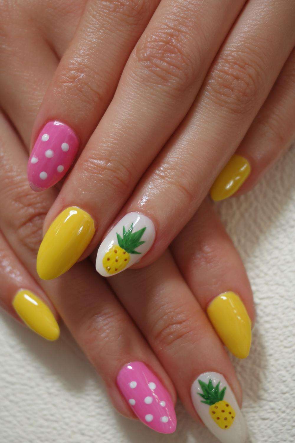20. Nails for kids with pineapple crowns and sunny yellow accents
