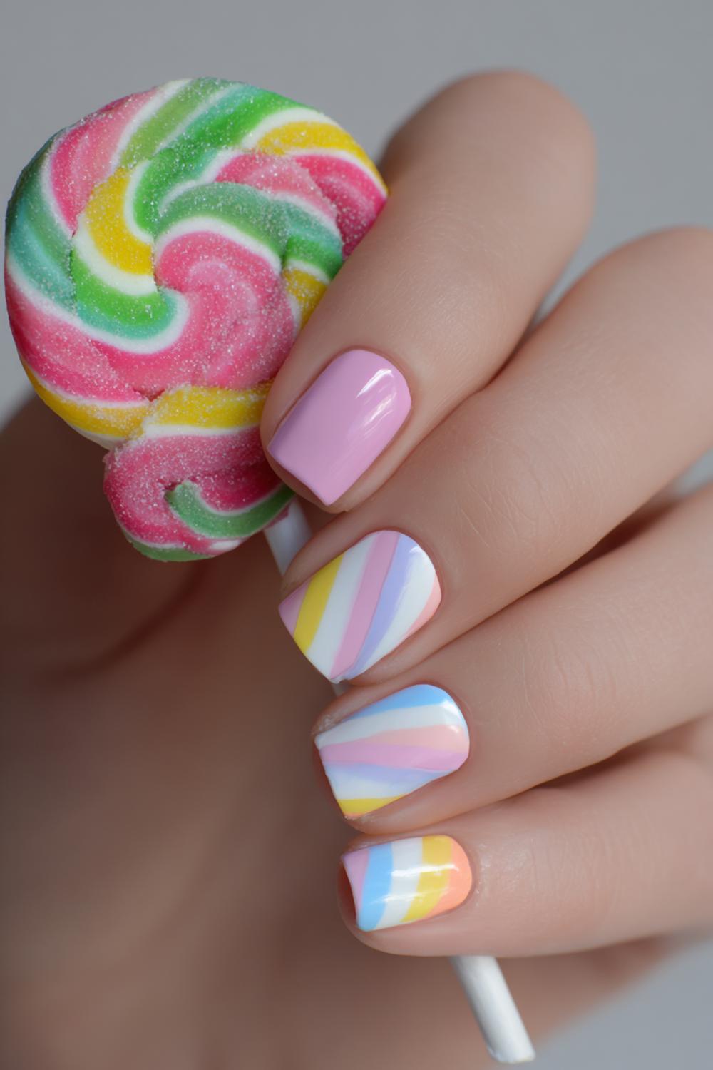 21. Nails for kids with pastel swirl lollipops and candy stripes