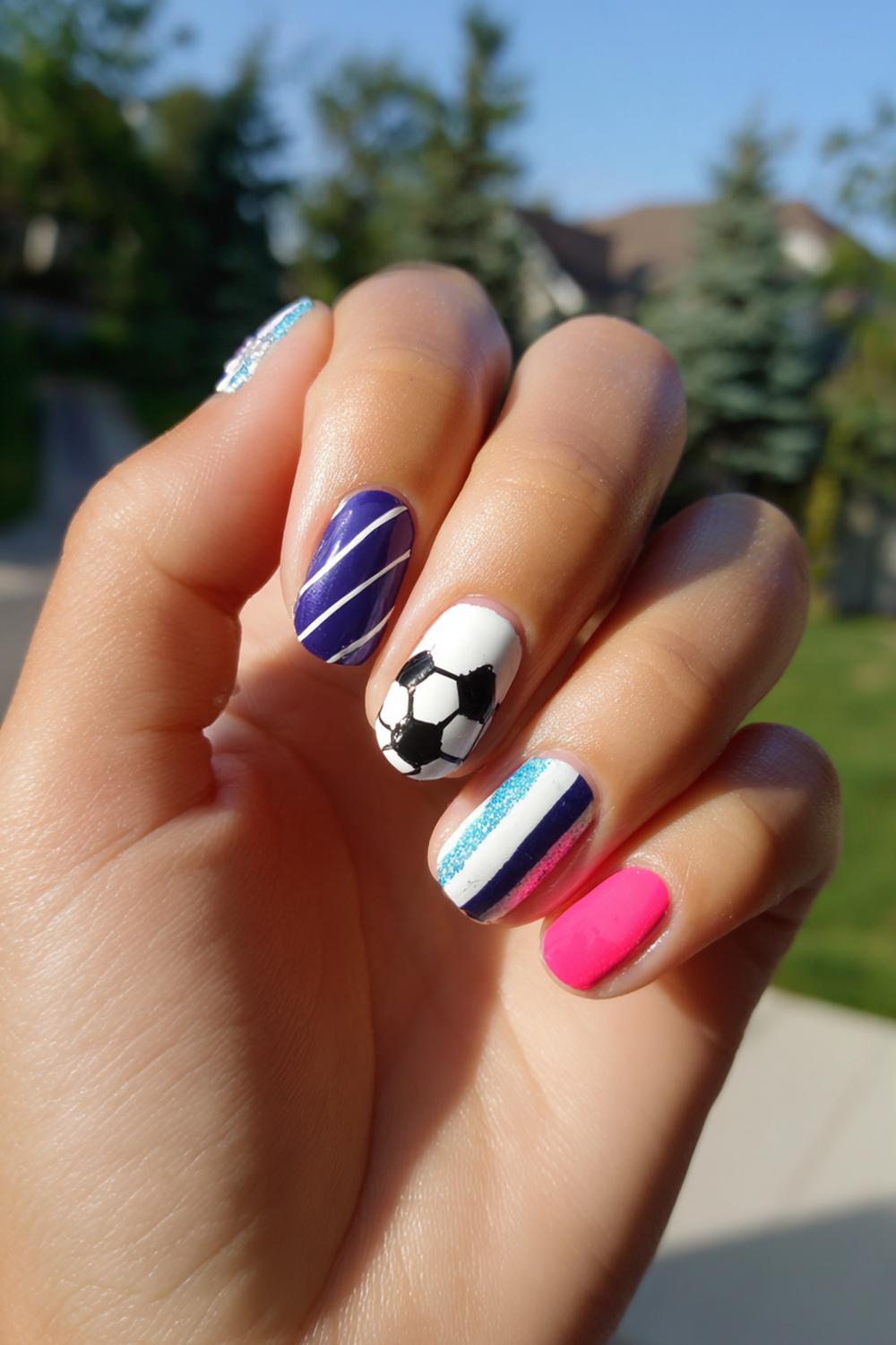 24. Nails for kids with sporty stripes and a tiny soccer ball accent