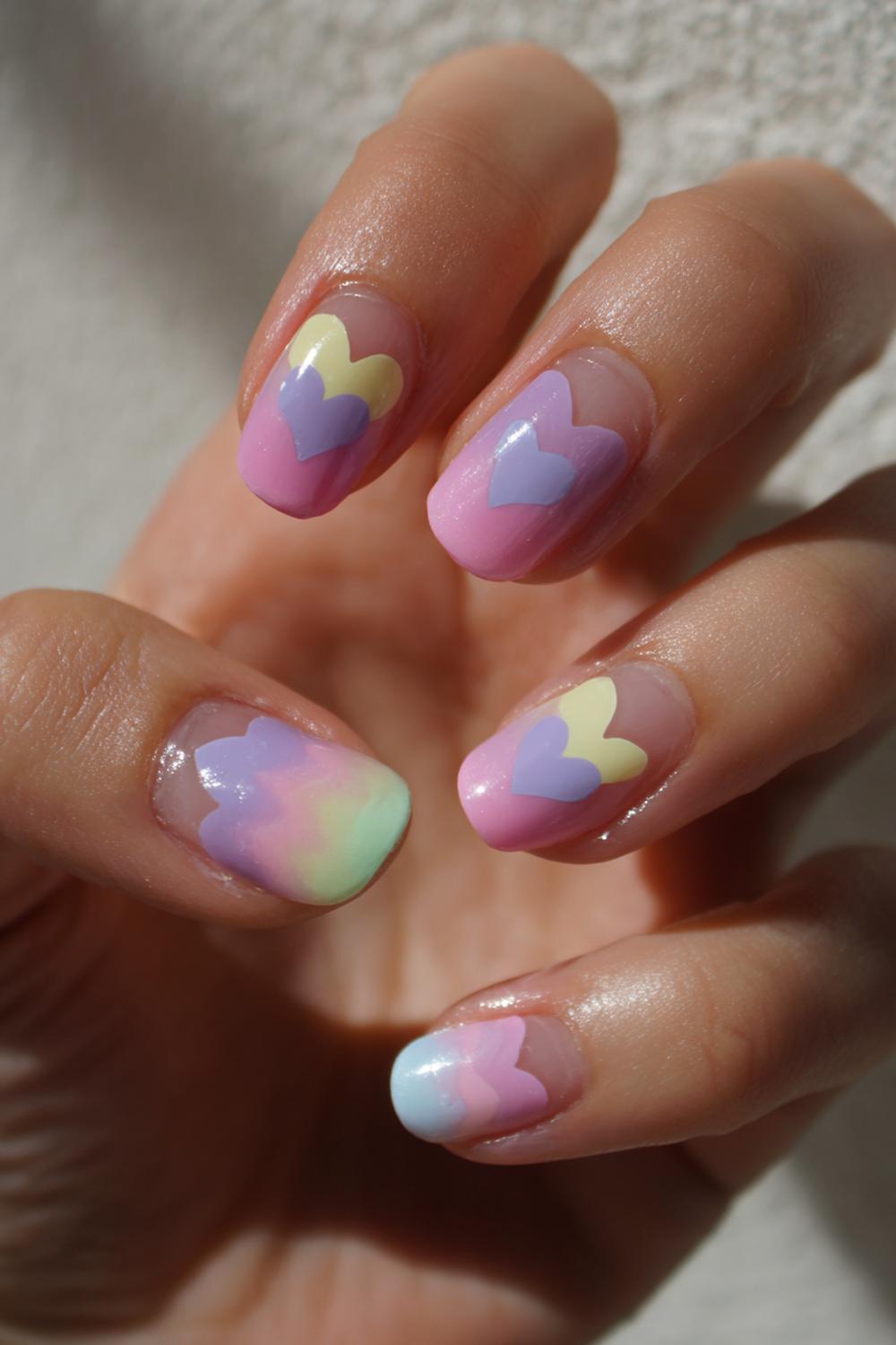 27. Nails for kids with pastel hearts gradient and negative space