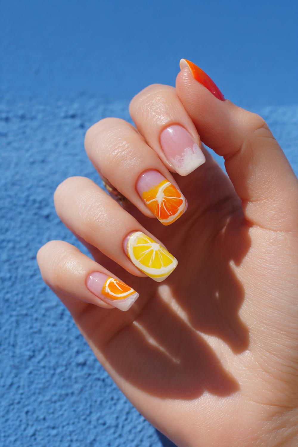 28. Nails for kids with citrus slices: orange and lemon accents