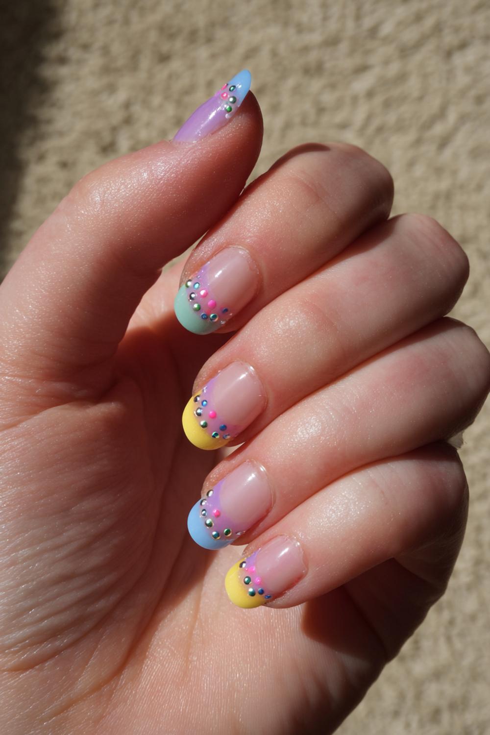 29. Nails for kids with pastel starburst tips and metallic dot centers