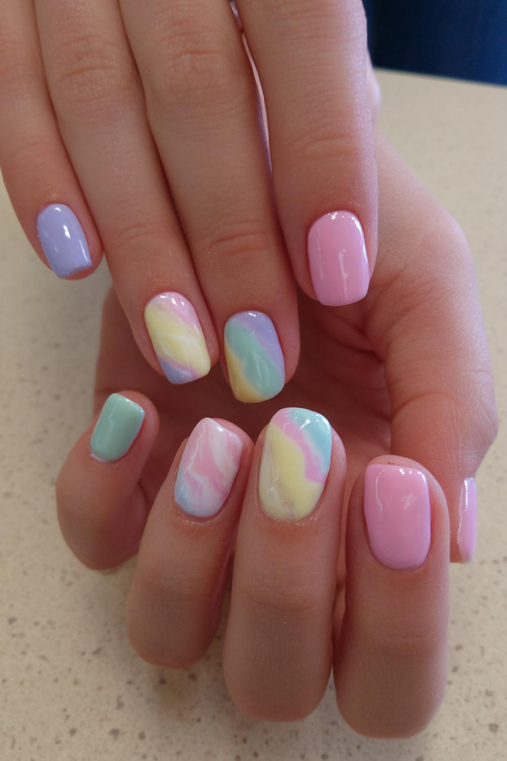 31. Nails for kids with pastel marble accents and glossy sealing