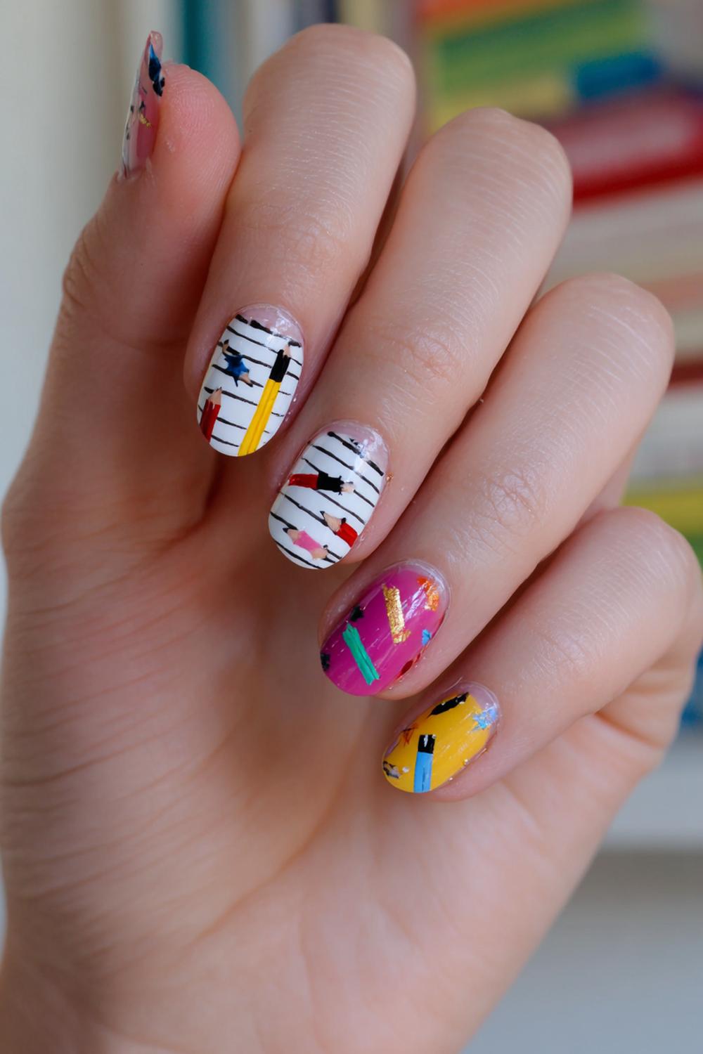 32. Nails for kids with bookish vibe: tiny pencils and ruled lines